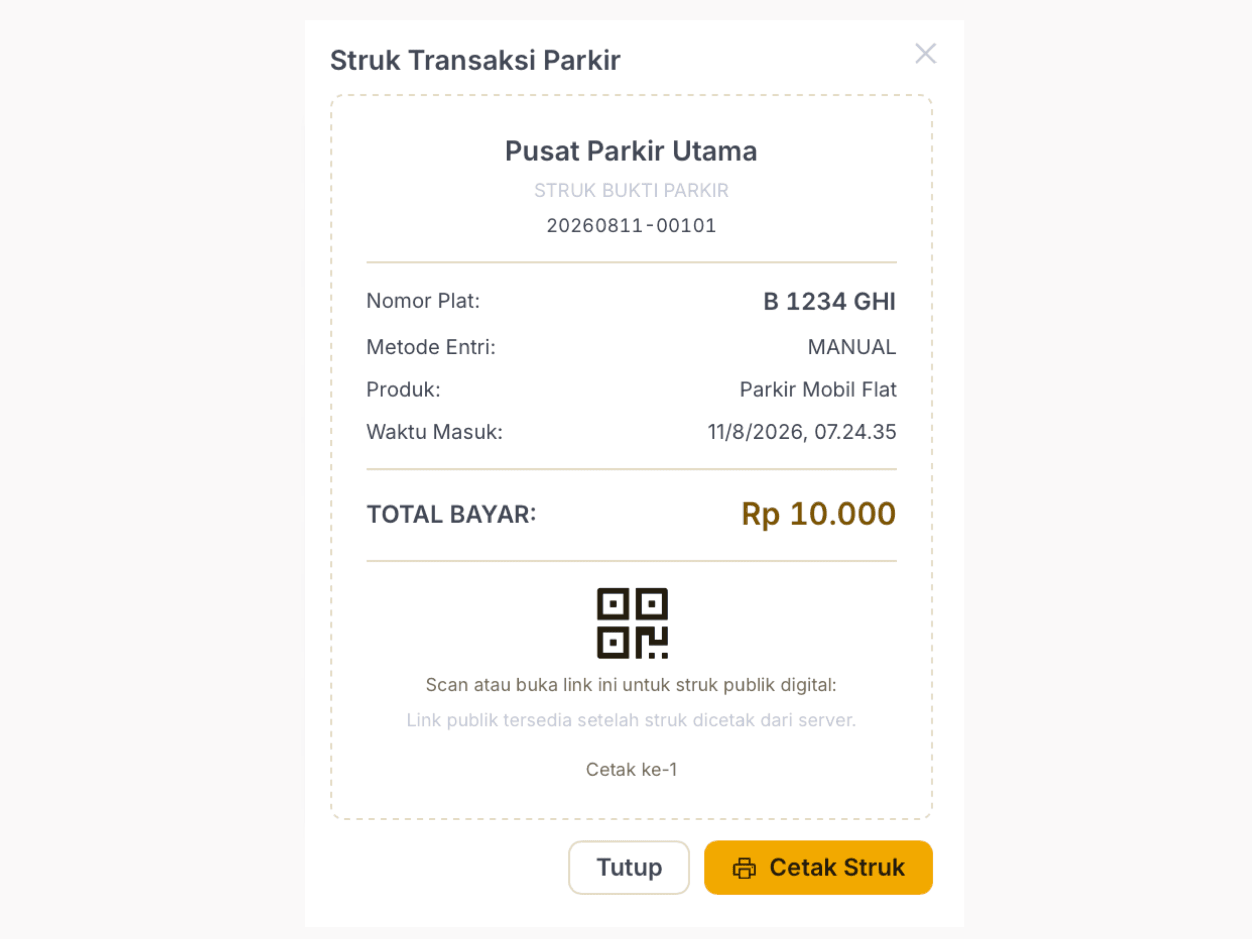 Struk bukti parkir digital yang menampilkan nomor transaksi, plat tersamar, durasi, dan total tarif.